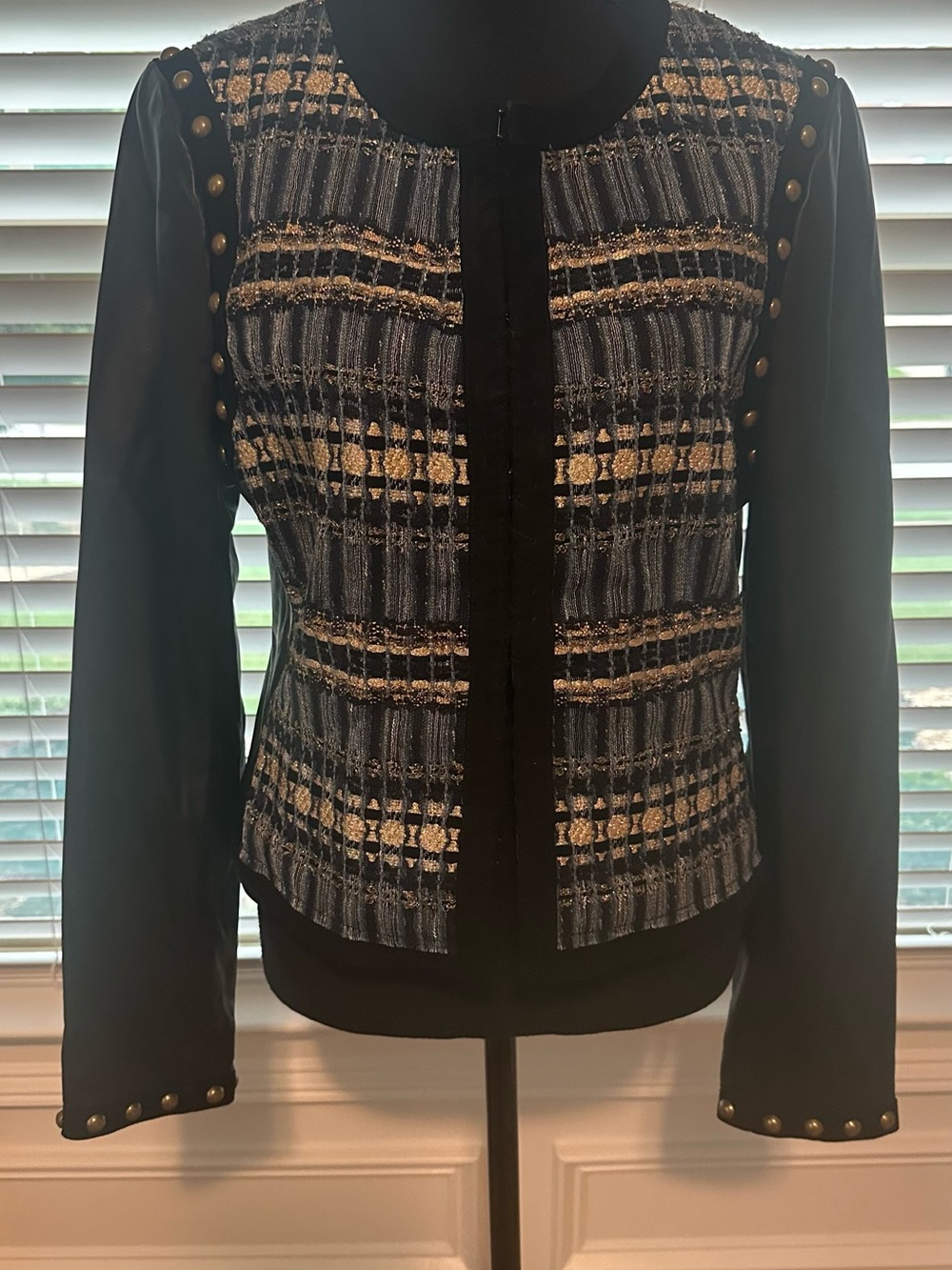 Ramy Brook Black Jacket with Blue and Gold Tweed Front